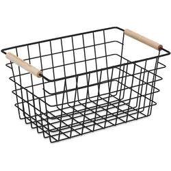 Relaxdays Drahtkorb, Holzgriffe, rechteckig, Gitter Design, Kleidung, Accessoires, Metallkorb, HBT: 16x31x21 cm, schwarz