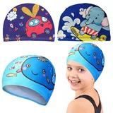 Badekappe Kinder, 3 Stück, Nette Kinder Badekappen Karikatur Schwimmkappe, Elastischer Polyester Badehaube Schwimmhaube, Bequeme Badekappekinder, Schwimmmütze Kinder Jungen Mädchen