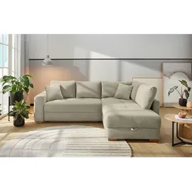 luma-home Dauerschlaf-Ecksofa Boxspring Federkern-Couch Topper Bettkasten, Cord Beige Grau / 15212