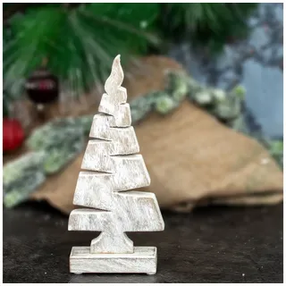 Antikas Weihnachtsfigur Skulptur, Tannenbaum aus Holz, weiß, Tischdeko zu Weihnachten