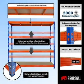 Proregal Profi Schwerlastregal Rhino HxBxT 200x200x60cm 4 Spanplatten-Ebenen 8mm Fachlast 500kg Blau/Orange Stecksystem Lagerregal, Steckregal,