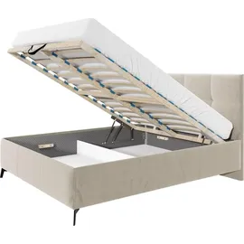 Mirjan24 Polsterbett Genua, Bett mit Bettkasten, Polsterkopfteil, Gasdruckfeder und Metallfüße (Farbe: Fresh 01, Größe: 140x200 cm, - Beige