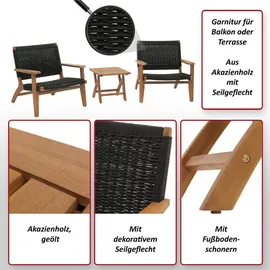 MCW Lounge-Garten-Garnitur MCW-N49, Balkon-Set Sitzgruppe Sessel, Seilgeflecht Rope Holz Akazie MVG-zertifiziert, schwarz