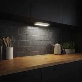 Briloner Unterbauleuchte Küche mit Bewegungsmelder, Akku, neutralweißes Licht, selbstklebend, LED Leiste, Schrankbeleuchtung, Treppenbeleuchtung, Unterschrank Beleuchtung, 30,5x6,5x2 cm, Weiß