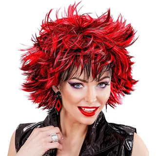 80er Jahre Perücke im Vokuhila-Stil für Damen & Herren – Bunte Rockstar Perücke für Karneval, Halloween & Mottoparty, dein wilder Punk Look in Schwarz-Weiß, Rot & Neon (Rot/Schwarz)