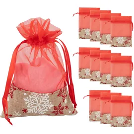 IDENA 90418 - Organzabeutel ca. 13 x 18 cm, 12 Stück, Säckchen mit Schneeflocken-Motiv, Weihnachtssack mit roter Kordel, Geschenkbeutel für Weihnachten