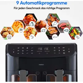 Medion P20 XXL Heißluftfritteuse mit 2 Kammern (8,7 Liter, Airfryer, 2.600 Watt, Doppelkammer, 9 Automatikprogramme, 2 Schubladen, Sichtfenster, Dualer Airfryer, Dual Cook & Sync-Finish Funktion)