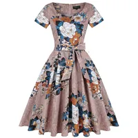 MINTLIMIT 50er Jahre Cocktailkleid Rockabilly Elegantes Faltenrock Festliches Vintage Kleid Abendkleider Knielang A-Line(Blumen Hellbraun,Größe L) - L