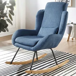 Kadima Design `Lavant` Schaukelstuhl: Weiche Sitzschale, Wippfunktion, abnehmbare Polsterung, hohe Rückenlehne, Rubberwood. Blau, 75x88x110 cm