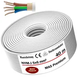 MAS Premium Feuchtraumkabel Stromkabel 5-170m Mantelleitung NYM-J 5x1,5, 2,5, 4, 6, 10 oder 16 Elektrokabel Ring für feste Verlegung (NYM-J 5x6 mm2, 40m)