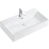 HOROW Waschbecken Weißes Keramik Wandmontage Mit Hahnloch- Aufsatzwaschbecken Rechteckige- Ausgussbecken 75 x 42 - Ideal für die Aufstellung auf dem Waschtisch Hängend in Badezimmern und Toiletten