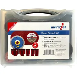 Marcrist Fliesen Komplett Set 125 mm + 1x Fliesenschneider + 5x Fliesenbohrer + 10x Inox Trennscheibe + 1x Schnellwechselflansch  ( 3999.101.354 ) + Koffer