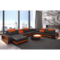 Sofa Dreams Wohnlandschaft Ledercouch Sofa Leder Berlin XXL U Form Ledersofa, Couch, mit LED, wahlweise mit Bettfunktion als Schlafsofa, Designersofa orange|schwarz