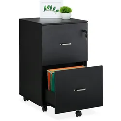 Relaxdays Rollcontainer, 2 Schubladen mit Hängeregister, HxBxT: 72 x 43 x 46 cm, abschließbarer Aktenschrank, schwarz