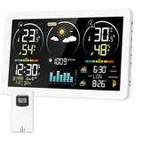 Wetterstation Funk mit Außensensor, Digital Farbdisplay DCF Funkuhr Innen und Außen Thermometer Hygrometer, Funkwetterstation mit Wettervorhersage, Temperaturwarnung, Barometer und Mondphase (Weiß)