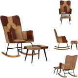 Schaukelsessel mit Hocker Braun Echtleder und Canvas - Schaukelstuhl - Echtleder - Couchtisch - Loungesessel - Gartenmöbeln
