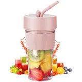 Tragbarer Mixer für Smoothie Maker, 350ml Smoothie Maker to go Typ-C Tragbarer Persönlicher Mixer BPA-Free, Mini-Mixer mit 6 Klingen für Saft Babynahrung Reisen (Rosa)