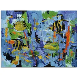 Glasbild ARTLAND "Abstrakt Fische Blau", gelb (farbe bild(er): gelb), B:60cm H:45cm, Bilder, in verschiedenen Größen