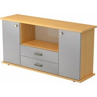 bümö Sideboard office Sideboard mit 2 Schübe & 2 Türen, Dekor: Buche/Silber - Griffe: Knauf/Streifengriff braun