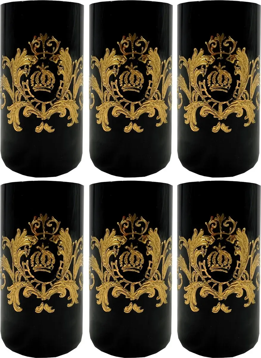 Pompöös by Casa Padrino Luxus Wasserglas Set Schwarz / Gold Ø 6,5 x H. 14,5 cm - Wassergläser mit 24 Karat Vergoldung - Pompööse Gläser designed by Harald Glööckler