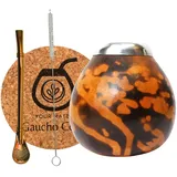 Gaucho Cebar set Natürlichem Kalebassen MISTERIO für Yerba Mate-Tee | Kürbis Tasse und Edelstahl Trinkhalm Bombilla Straw | Accessories - korkpad und bürste, Braun