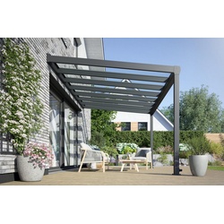Rexin Terrassendach REXOpremium – hochwertiges Aluminium Terrassendach 5m x 2m, BxT: 506×200 cm, Bedachung VSG-Glas klar oder VSG-Glas grau, mit 4mm starken Profilen, Terassenüberdachung, Vordach weiß