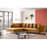 Ecksofa EXXPO - SOFA FASHION "Laconi, extravagantes Designsofa mit tollem Sitzkomfort, L-Form" Sofas Gr. B/H/T: 326cm x 93cm x 224cm, Microvelours, Recamiere links, gelb (mustard) in hochwertiger Detailverarbeitung, bequeme Armlehne, hoher Fuß