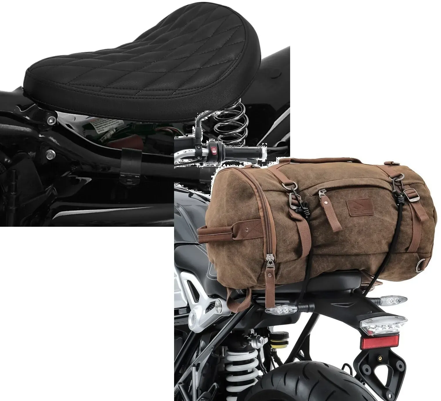 Set: Solo Federsattel passend für Royal Enfield Bullet BR11 Craftride + Hecktasche Vintage 25L passend für Royal Enfield Bullet braun Craftride