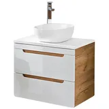 Lomadox Waschtisch-Unterschrank 60 cm Hocglanz weiß mit Wotan Eiche Nb. mit 41 cm Keramik Waschbecken