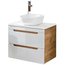 Lomadox Waschtisch-Unterschrank 60 cm Hocglanz weiß mit Wotan Eiche Nb. mit 41 cm Keramik Waschbecken