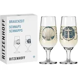 Ritzenhoff & Breker RITZENHOFF Schnaps-Glas 40 ml 2er Set - Serie Brauchzeit Nr. 1 2 - Tierwesen - rund, Blau Grau - Made in Germany
