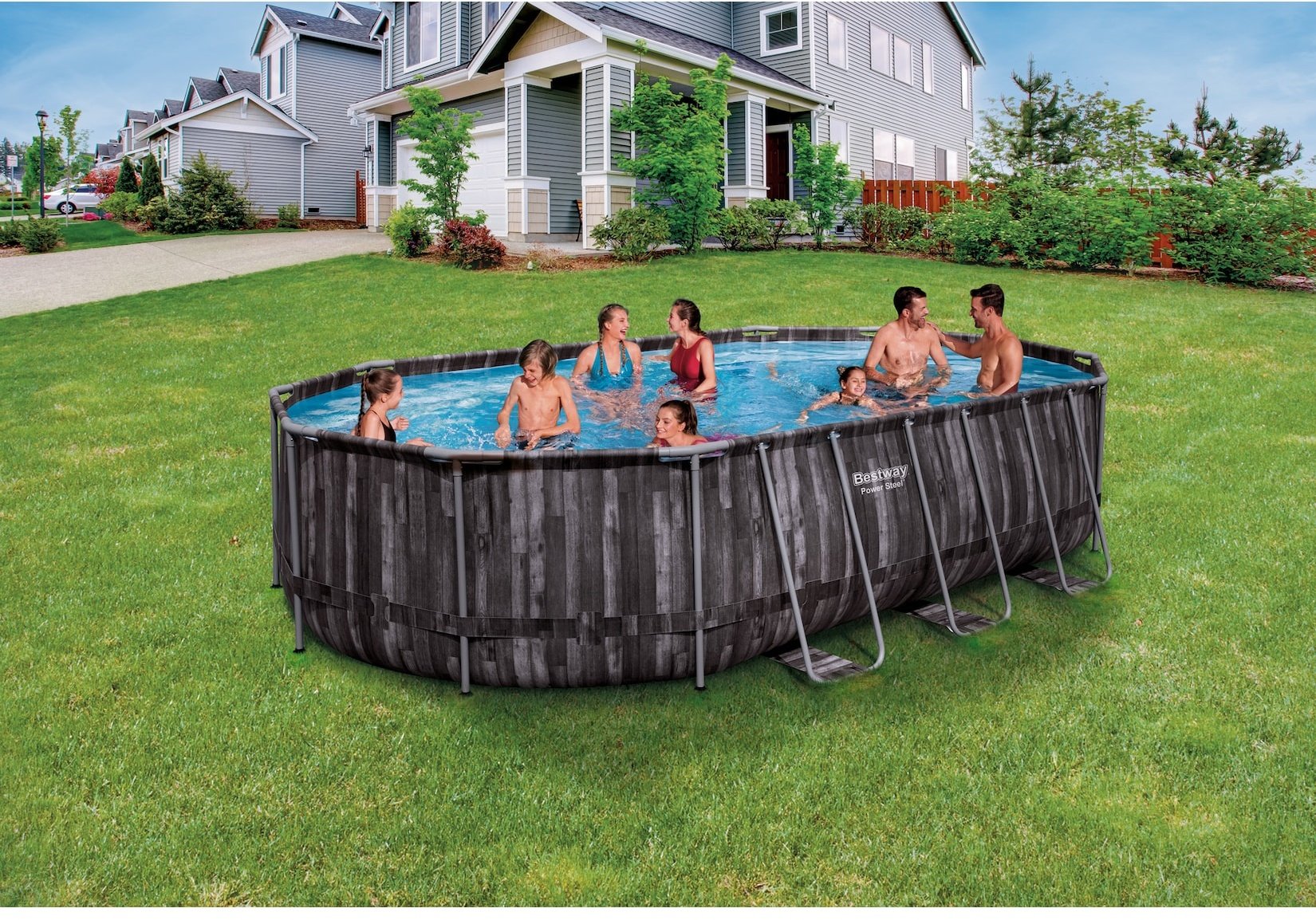 Bestway® Power SteelTM Frame Pool Komplett-Set mit Filterpumpe 610 x 366 x 122 cm , Holz-Optik (Mooreiche), oval