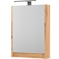 Planetmöbel Spiegelschrank Bad mit Beleuchtung 50 x 65 x 11,4 cm, Wotan Eiche, Badezimmerschrank mit Spiegel und LED Aufbauleuchte