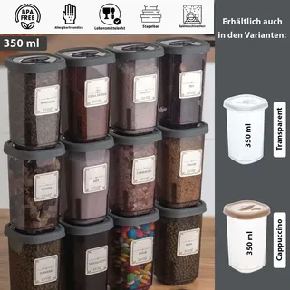 Jungengel Gewürzbehälter Set 12x Stück mit Gewürzmühle mit Deckel Vorratsdose Aufbewahrung Anthrazit Vorratsdosen Grau 350ml BPA-Frei - Grau