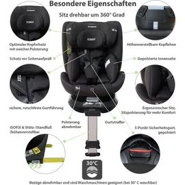XOMAX G409 Kindersitz drehbar 360°, Standfuß, ISOFIX I mitwachsend I 0-36 kg, 0-12 Jahre, Gruppe 0+/1/2/3, 5-Punkt-Gurt, 3-Punkt-Gurt I Bezug waschbar I ECE R129