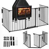 YARDIN Kaminschutzgitter mit Sicherheitstür Metall Ofenschutzgitter Gesamtlänge 300 cm, Kamingitter Kinderschutz Faltbar, Treppenschutzgitter Kon... - Silber