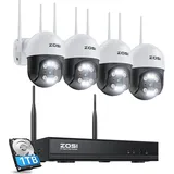 ZOSI 3MP WLAN Überwachungskamera Set, 4 Stück 355°/140° Schwenkbar PTZ Dome Kamera und 8CH 1TB HDD NVR, Smart Personenerkennung, 2-Wege-Audio - Weiß