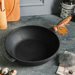MAYSTERNYA Bratpfanne aus Gusseisen – ø 28 x 6 cm – Gusseisenpfanne für alle Wärmequellen – Holzgriff – PFAS-frei – Schwarz