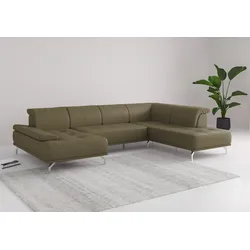 Wohnlandschaft PLACES OF STYLE "Caluna", grün (olive), B:334cm H:81cm T:235cm, Sofas, Inkl.Sitztiefenverstellung