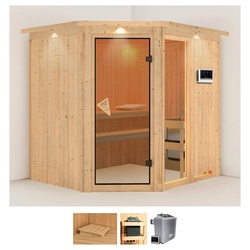 Karibu Sauna Frigga 2, BxTxH: 210 x 184 x 202 cm, 68 mm, (Set) 9-kW-Bio-Ofen mit externer Steuerung beige