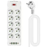 10 Fach Flachstecker Steckdosenleiste, USB Steckdosenleiste mit Überspannungsschutz mit 10 AC Flacher Stecker, 4 USB Ladegerät und 2 Typ-C Anschlüsse Steckerleiste mit 2M Kabel Mehrfachsteckdose