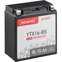 Accurat Motorradbatterie YTX16-BS 15Ah 240A 12V AGM Starterbatterie in Erstausrüsterqualität rüttelfest leistungsstark wartungsfrei