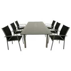 Outdoor Möbel Sidari 7-teilig: 6 x Stapelsessel + 1 x Tisch – Gartenmöbel aus Aluminium, Anthrazit – stapelbare Terrassenmöbel – Outdoor Sitzgruppe