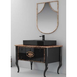 Casa Padrino Luxus Barock Badezimmer Set Hochglanz Schwarz / Braun - 1 Waschtisch & 1 Keramik Waschbecken & 1 Wandspiegel - Badezimmer Möbel im Barockstil - Barock Möbel - Barock Einrichtung