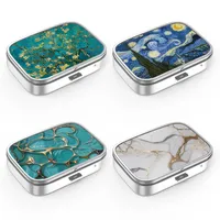 Pillendose mit 2 Fächern, tragbare Pillendose für Tasche oder Geldbörse, dekorative Metall-Medizin-Vitamin-Organizer, einzigartiges Geschenk (4 Stück, Set mit 4 Stück, Set von Gogh + Marmor)
