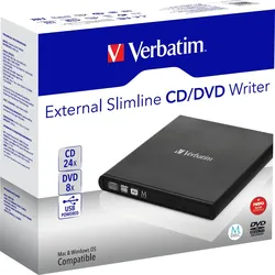 Verbatim DVD Recorder, USB 2.0, 8x/6x/24x, Slimline Portable, schwarz, M-DISC, Software, Retail