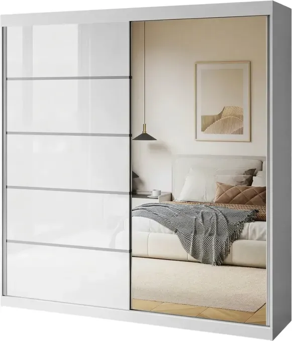 Schlittentür-Schrank, großer Kleiderschrank mit Spiegel, BASTER II, H 215 cm x B 200 cm x T 58 cm, Hochglanz-Weiß