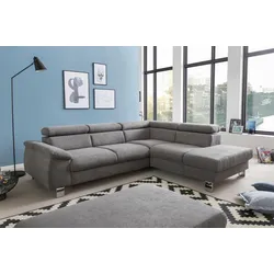 Polstergarnitur COTTA "Komaris L-Form", grau, B:249cm, Sitzmöbel-Sets, Set bestehend aus: Ecksofa mit Kopfteilverstellung & Hocker