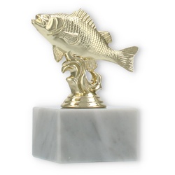 Pokal Kunststofffigur Flussbarsch gold auf weißem Marmorsockel 11,8cm