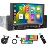 Podofo 1 Din Autoradio mit Kabelgebundenes Apple Carplay/Android Auto,6,2 Bildschirm Touch Display Bildschirm mit Bluetooth Stereo Navi/FM/USB/SWC/EQ/HiFi/Mirror Link+Externes Mikrofon+Rückfahrkamera